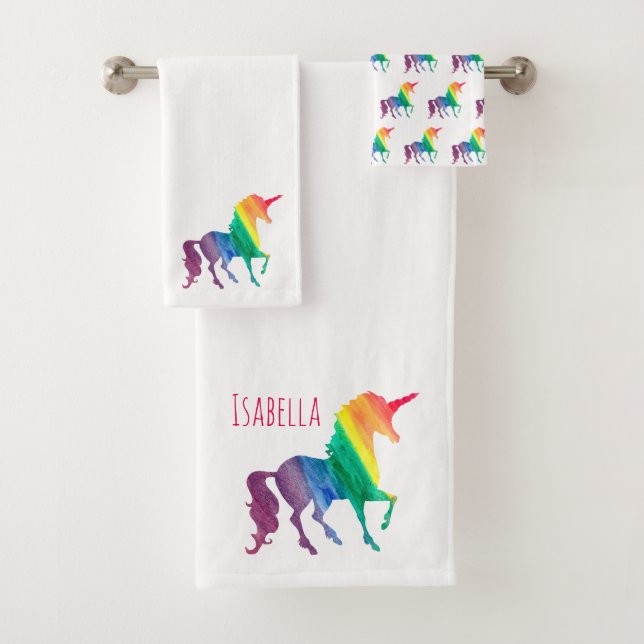 Watercolor Rainbow Unicorn Silhouette Personalised Bath Towel Set (Insitu)