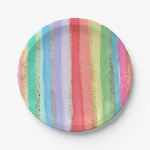 Watercolor Rainbow Unicorn Stripes Gold Myrtle Paper Plate