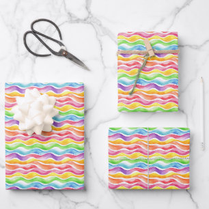 Watercolor Rainbow Wavy Lines on White Wrapping Paper Sheet