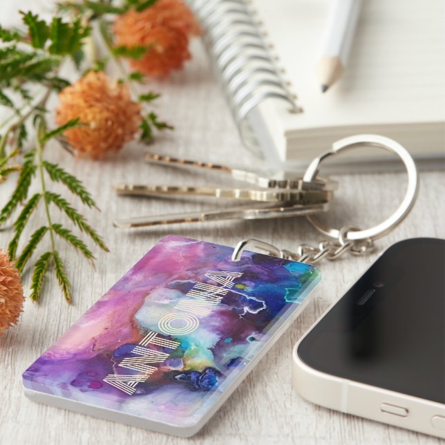 Watercolor Rainbow Whimsical Personalizable Name Key Ring (Front Right)