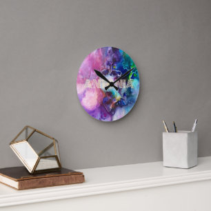 Watercolor Rainbow Whimsical Personalizable Name Round Clock