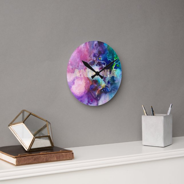 Watercolor Rainbow Whimsical Personalizable Name Round Clock (Office)