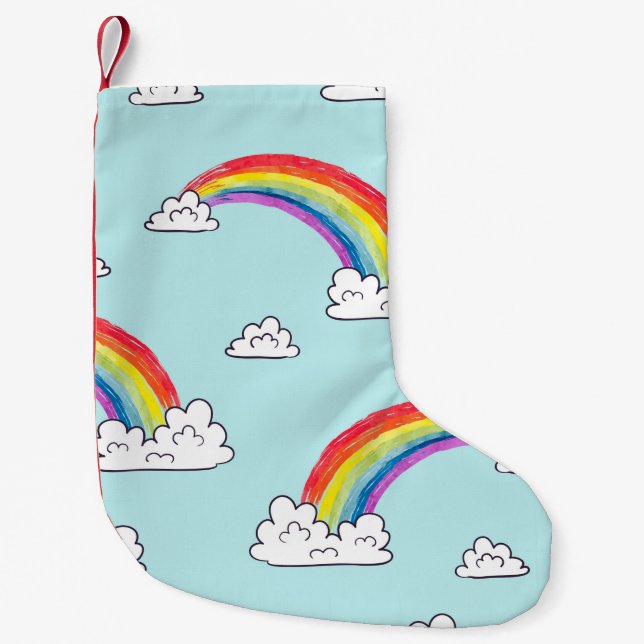 Watercolor rainbows and clouds seamless pattern small christmas stocking (Front)