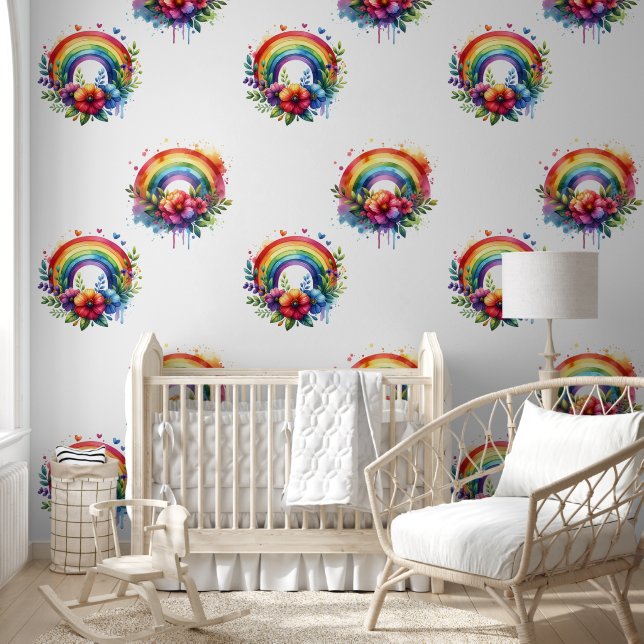 Watercolor Rainbows and Flowers Colourful  Wallpaper (Kids)