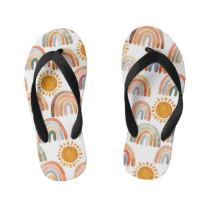 Watercolor Rainbows And Sun Earthy Tone   Kid's Flip Flops