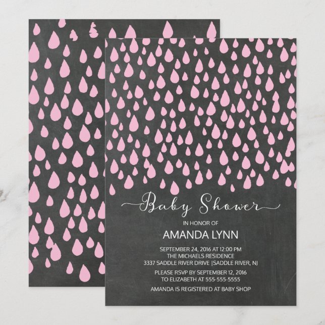 Watercolor Raindrops Girls Baby Shower Invitation (Front/Back)