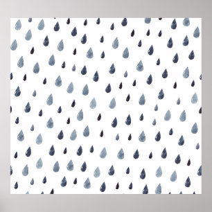 Watercolor raindrops, indigo seamless pattern. poster