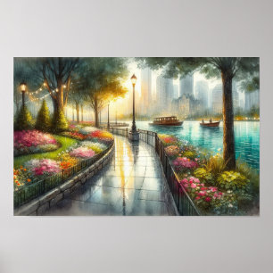 Watercolor Rainy Park Scene Poster