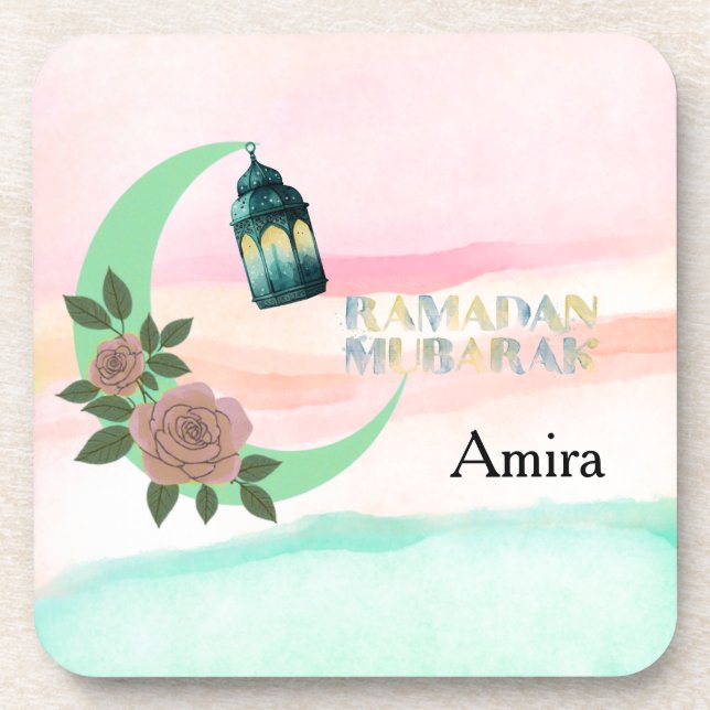 Watercolor Ramadan – Crescent Moon  Coaster (Front)