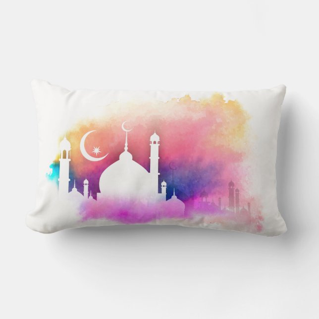Watercolor Ramadan Mosque Oranges and Purples Lumbar Cushion (Front)