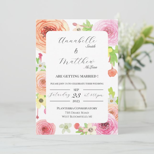 Watercolor Ranunculus Flower Wedding Invitation (Standing Front)