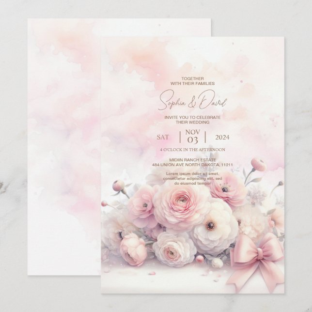 Watercolor Ranunculus Wedding Invitation (Front/Back)