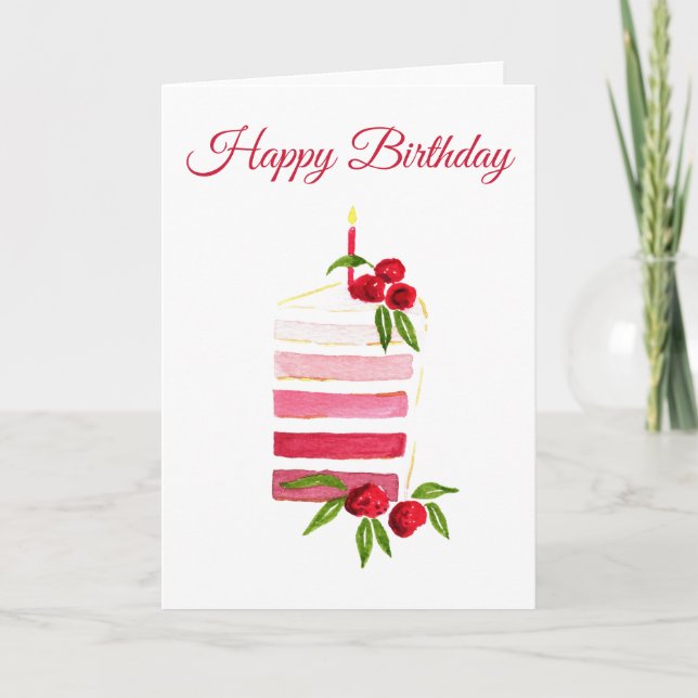 Watercolor Raspberry Cake Birthday Card (Front)