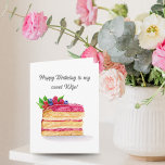 Watercolor Raspberry Cake Birthday Wife Card<br><div class="desc">This delightful greeting card features a hand-painted watercolor illustration of a luscious raspberry cake, adorned with fresh mint leaves and a vibrant assortment of blueberries and raspberries resting atop a rich layer of raspberry jam frosting. The meticulous attention to detail in the artwork captures the freshness and vivid colours of...</div>