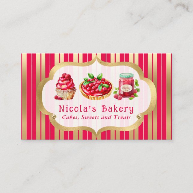 Watercolor Raspberry Cakes and Jam Bakery  Business Card (Front)