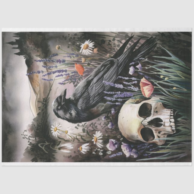 Watercolor Raven and Skull Wildflower Decoupage Tissue Paper (Front)