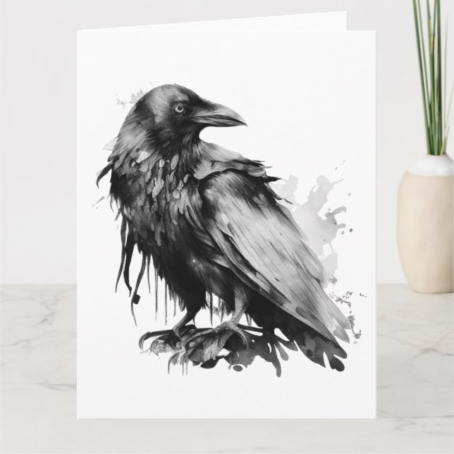 Watercolor Raven - B&W Card (Front)
