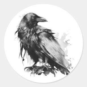 Watercolor Raven - B&W Classic Round Sticker