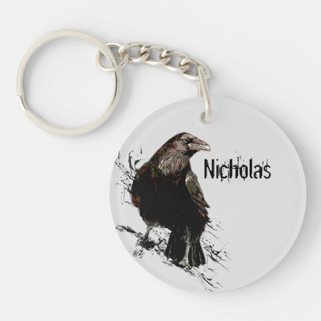 Watercolor  Raven Bird Animal Customise Name Key Ring (Front)