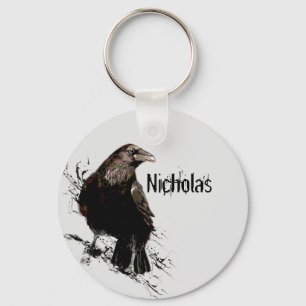 Watercolor  Raven Bird Animal Customize Name Key Ring