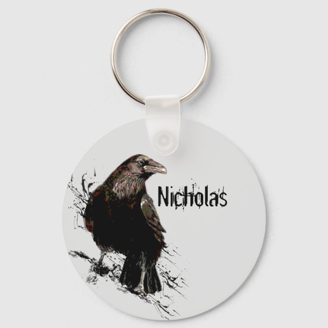 Watercolor  Raven Bird Animal Customize Name Key Ring (Front)