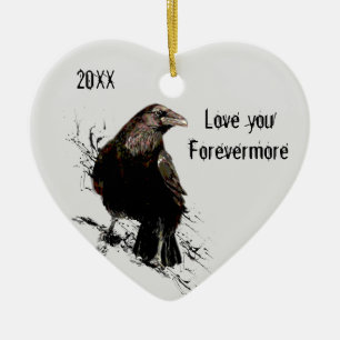 Watercolor Raven Bird Love Poe Quote Dated  Ceramic Tree Decoration