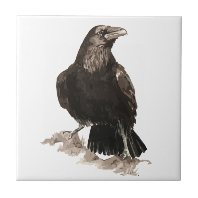 Watercolor Raven Bird Wildlife Art Tile (Front)