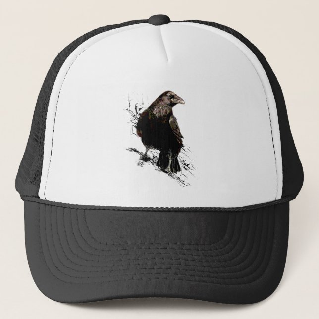 Watercolor Raven Bird Wildlife Nature Art Trucker Hat (Front)