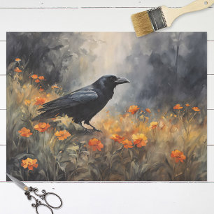 Watercolor Raven in a Wildflower Field Decoupage Tissue Paper