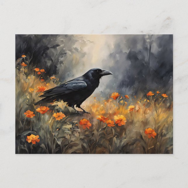 Watercolor Raven in a Wildflower Field Postcard (Front)