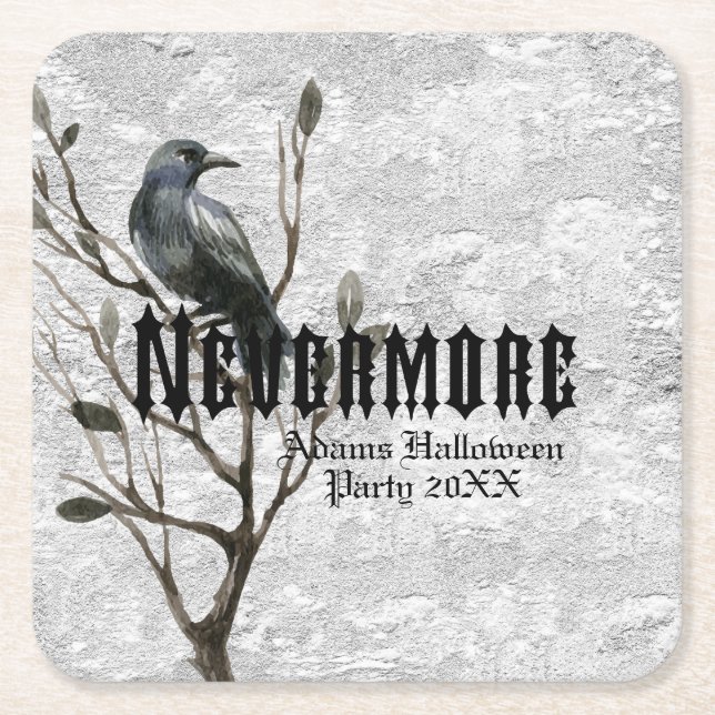 Watercolor Raven Nevermore Square Paper Coaster (Front)