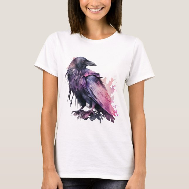 Watercolor Raven - Pink T-Shirt (Front)