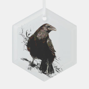 Watercolor Raven Wildlife Nature Bird Glass Tree Decoration