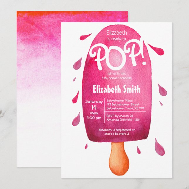 Watercolor ready to pop baby girl baby shower invitation (Front/Back)