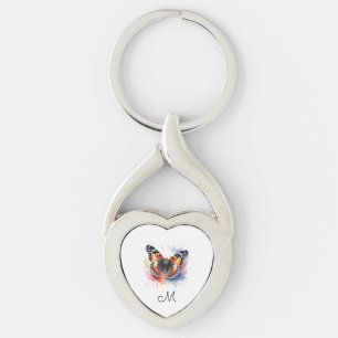 Watercolor Red Admiral Butterfly Monogram Initial Key Ring