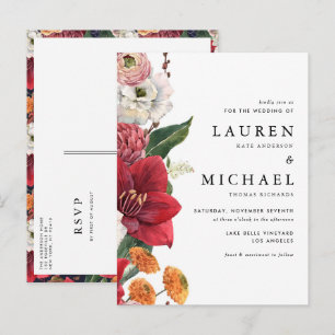 Watercolor Red Amaryllis and Autumn Floral Wedding Invitation Postcard