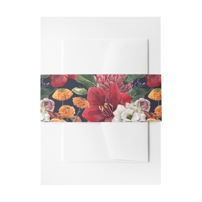 Watercolor Red Amaryllis and Chrysanthemum Wedding Invitation Belly Band (Front Example)
