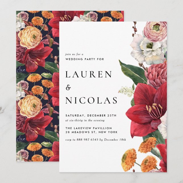 Watercolor Red Amaryllis Botanical Wedding Party Invitation (Front/Back)