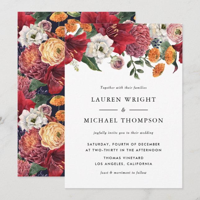 Watercolor Red Amaryllis Floral Wedding Invitation (Front/Back)