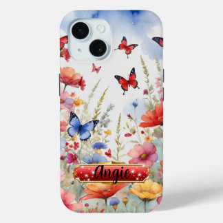 Watercolor Red And Blue Butterflies and Blooms  iPhone 15 Case
