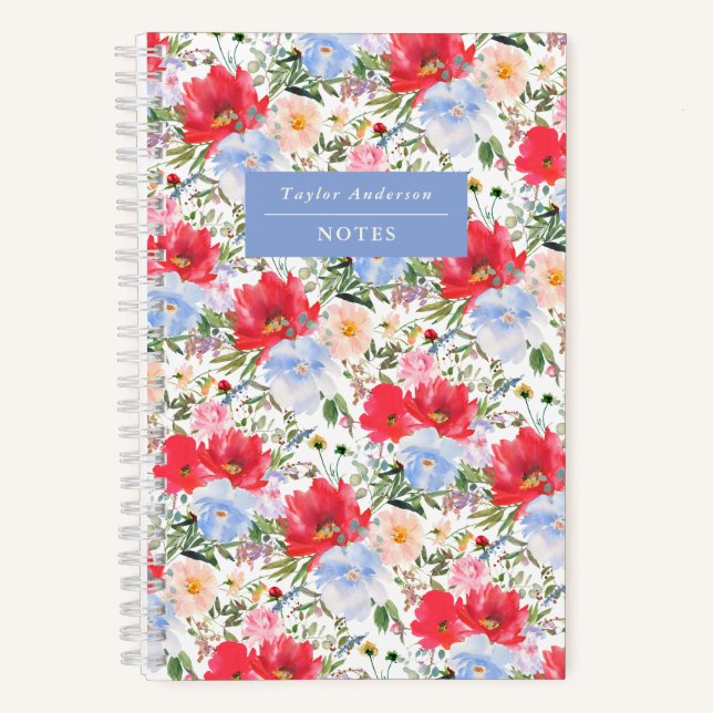 Watercolor Red and Blue Florals Spiral Notebook (Front)