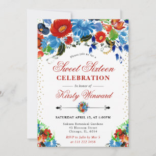 Watercolor Red and Blue Flowers Sweet 16 Invitation
