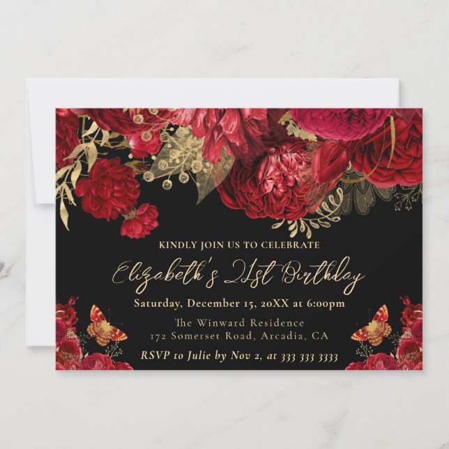 Watercolor Red and Gold Flowers 21st Birthday Invitation (Front)