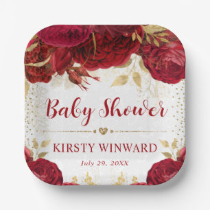 Watercolor Red and Gold Flowers Baby Shower Paper Plate