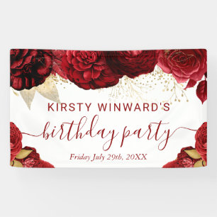 Watercolor Red and Gold Flowers Birthday Banner