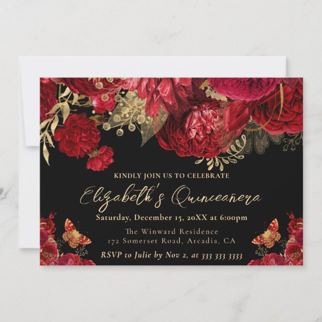 Watercolor Red and Gold Flowers Quinceanera Invitation (Front)