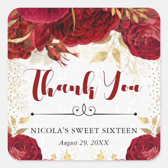 Watercolor Red and Gold Flowers Sweet 16 Square Sticker (Front)