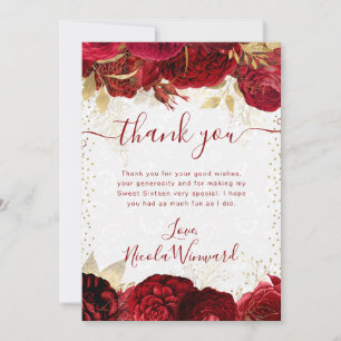 Watercolor Red and Gold Flowers Sweet 16 Thank You Card