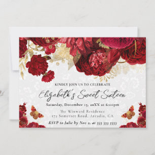 Watercolor Red and Gold Flowers Sweet Sixteen Invitation