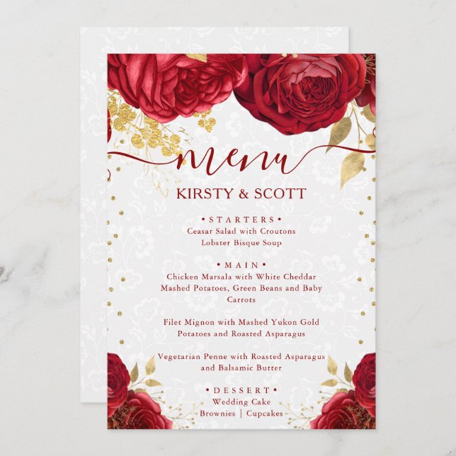 Watercolor Red and Gold Flowers Wedding Menu (Front/Back)